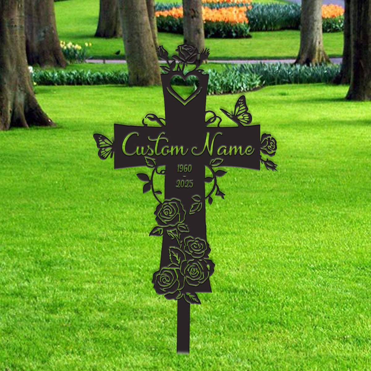 Personalized Cross With Rose Flowers Memorial Stake, Custom Cross Grave Marker Metal Garden Decor, Memorial Cross Stake Metal Garden Sign