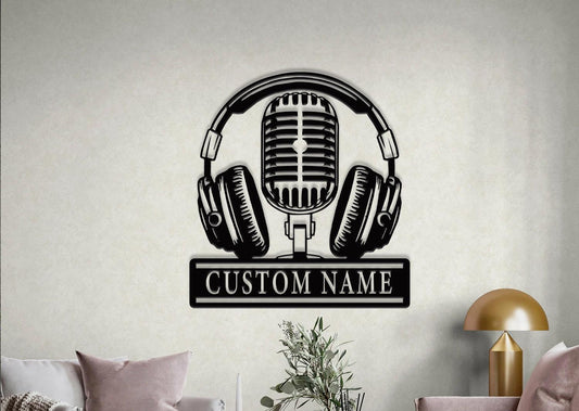 Personalized Music Audio Studio Metal Sign Wall Art| Custom Microphone Headphones Name Sign wall |Home Decoration Musical Musician Room Home