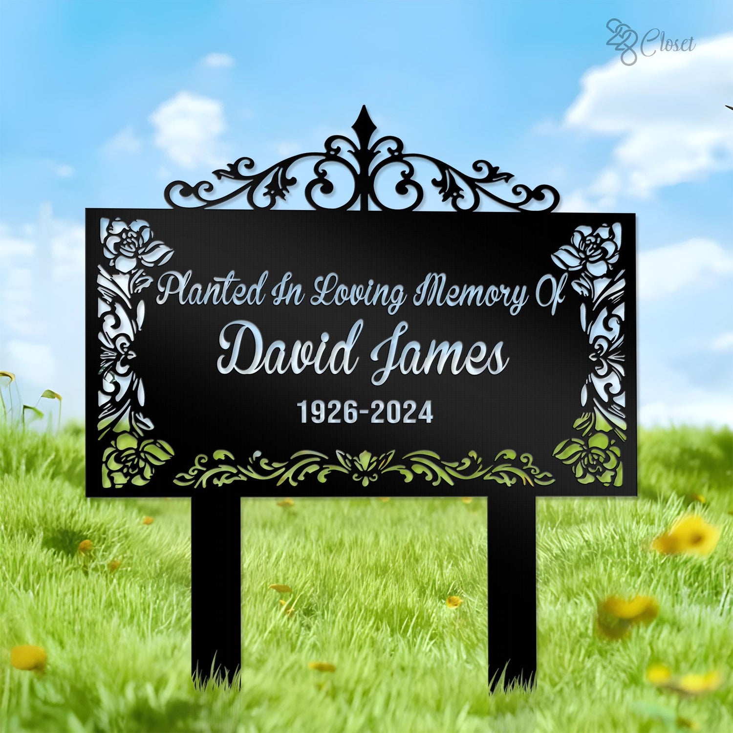 Personalized Flowers Memorial Stake, Custom Grave Marker Metal Garden Decor, Tree Memorial Plaque Cross Stake Metal Garden Sign Dad Loss
