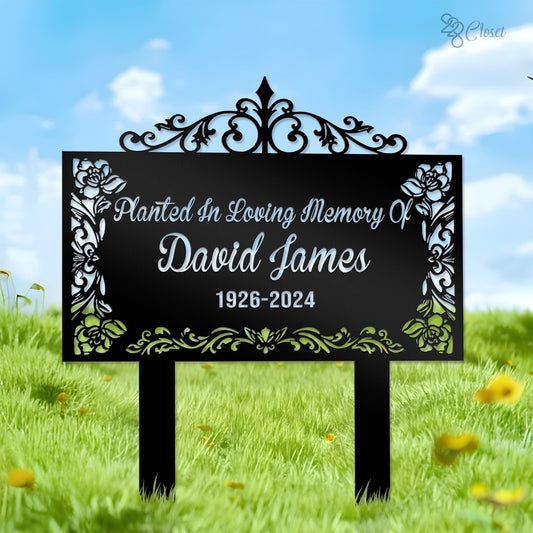 Personalized Flowers Memorial Stake, Custom Grave Marker Metal Garden Decor, Tree Memorial Plaque Cross Stake Metal Garden Sign Dad Loss