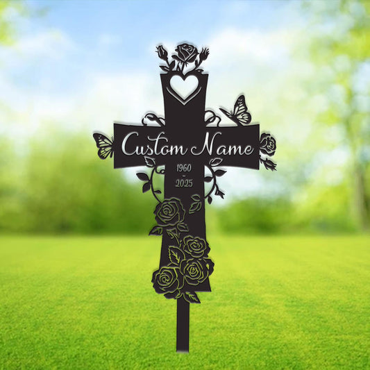 Personalized Cross With Rose Flowers Memorial Stake, Custom Cross Grave Marker Metal Garden Decor, Memorial Cross Stake Metal Garden Sign
