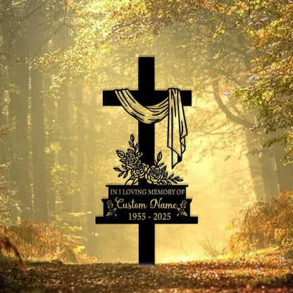 Custom Cross With Praying Pand, Memorial Stake Metal, Dad Loss, Mom Loss, Religion Metal Stake, Sympathy Sign,Grave Marker,Remembrance Stake
