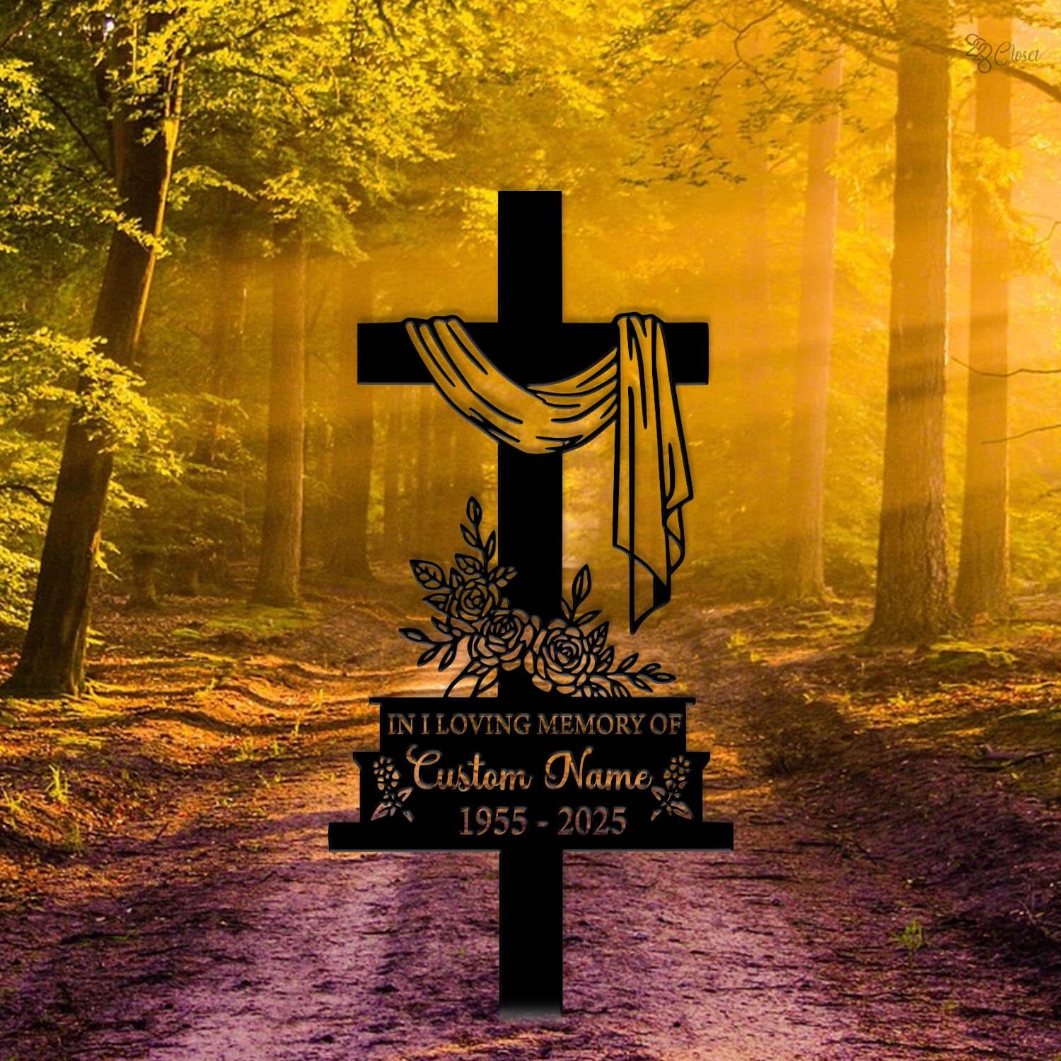 Custom Cross With Praying Pand, Memorial Stake Metal, Dad Loss, Mom Loss, Religion Metal Stake, Sympathy Sign,Grave Marker,Remembrance Stake