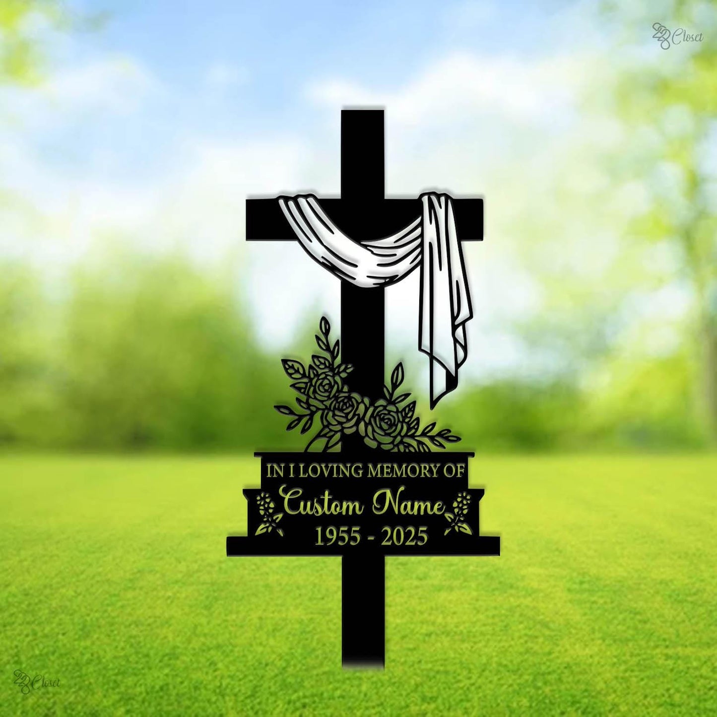 Custom Cross With Praying Pand, Memorial Stake Metal, Dad Loss, Mom Loss, Religion Metal Stake, Sympathy Sign,Grave Marker,Remembrance Stake