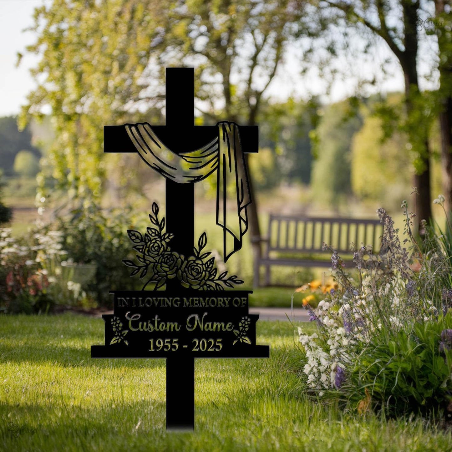 Custom Cross With Praying Pand, Memorial Stake Metal, Dad Loss, Mom Loss, Religion Metal Stake, Sympathy Sign,Grave Marker,Remembrance Stake