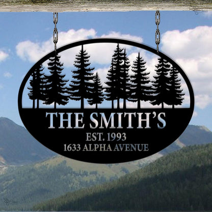 Custom Family Name Metal Sign, Mountain Cabin, Address & Est. Year Metal, Family Address Sign, Pine Tree Metal, Birthday Gift, Mountain sign