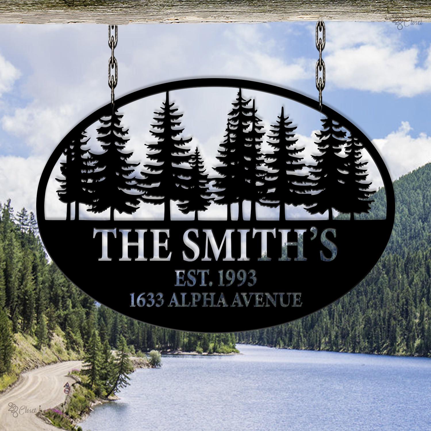 Custom Family Name Metal Sign, Mountain Cabin, Address & Est. Year Metal, Family Address Sign, Pine Tree Metal, Birthday Gift, Mountain sign