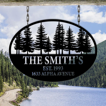 Custom Family Name Metal Sign, Mountain Cabin, Address & Est. Year Metal, Family Address Sign, Pine Tree Metal, Birthday Gift, Mountain sign