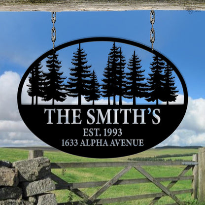 Custom Family Name Metal Sign, Mountain Cabin, Address & Est. Year Metal, Family Address Sign, Pine Tree Metal, Birthday Gift, Mountain sign