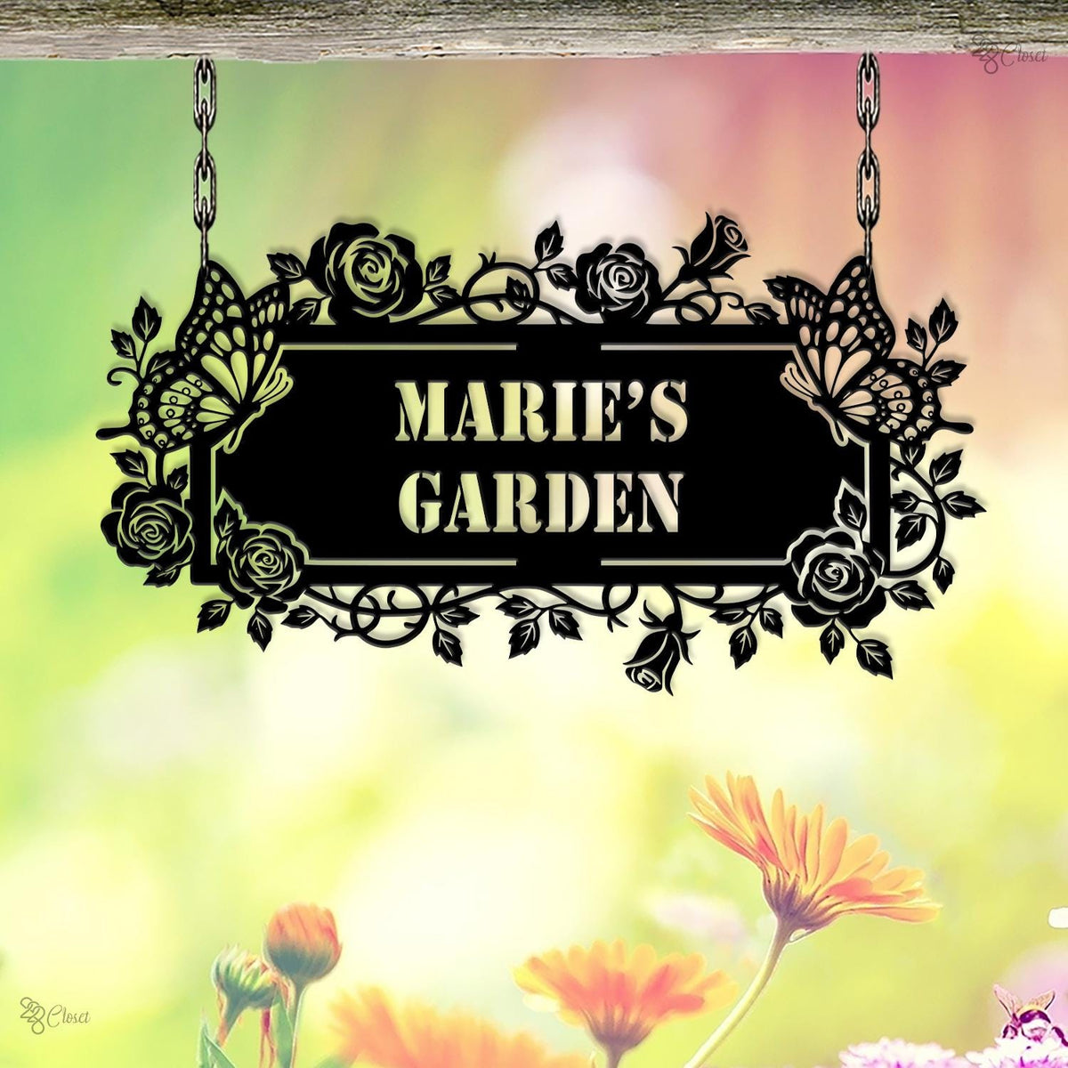 Custom Garden Sign with Butterflies and Roses, Marie’s Garden Hanging Sign, Butterfly sign, Rose garden sign, Hanging garden sign, Mom Gift