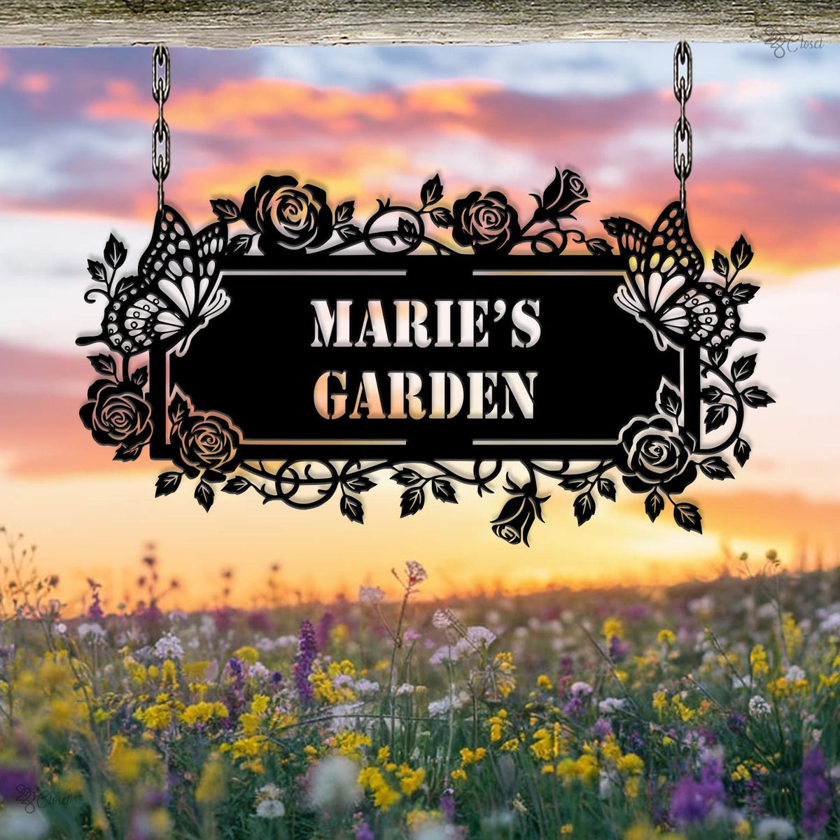 Custom Garden Sign with Butterflies and Roses, Marie’s Garden Hanging Sign, Butterfly sign, Rose garden sign, Hanging garden sign, Mom Gift