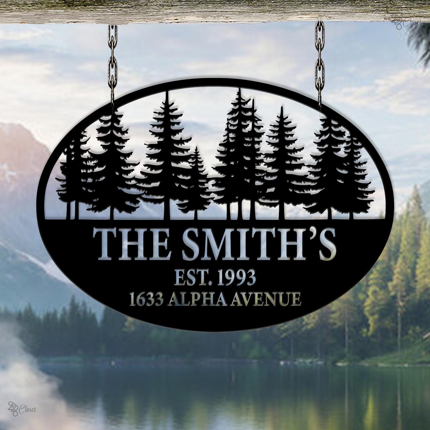 Custom Family Name Metal Sign, Mountain Cabin, Address & Est. Year Metal, Family Address Sign, Pine Tree Metal, Birthday Gift, Mountain sign