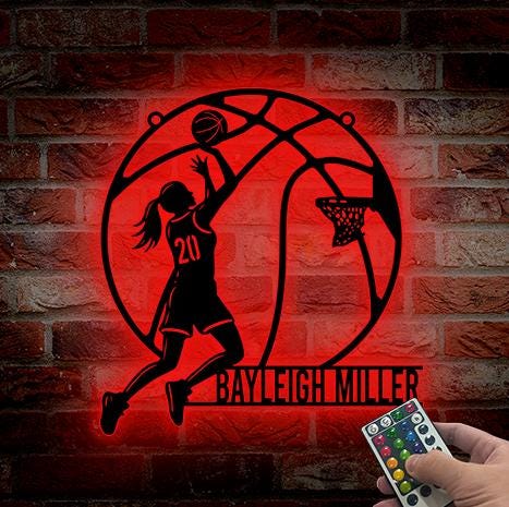 Custom Female Basketball Metal Wall Art LED Personalized Girl Basketball Player Sign Home Decor Girl Nursery Decor Birthday Gift for her