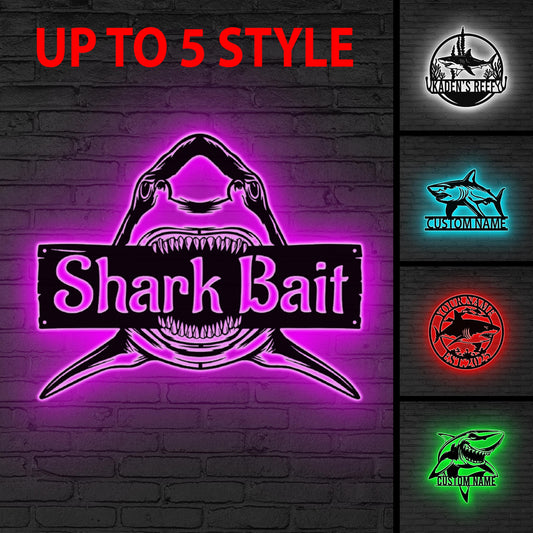 Personalized Great White Shark Metal Wall Art LED Light Personalized Shark Lover Name Sign Beach House Decor Boy Nursery Decoration Xmas