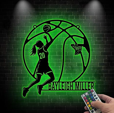 Custom Female Basketball Metal Wall Art LED Personalized Girl Basketball Player Sign Home Decor Girl Nursery Decor Birthday Gift for her