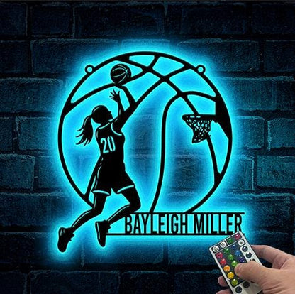 Custom Female Basketball Metal Wall Art LED Personalized Girl Basketball Player Sign Home Decor Girl Nursery Decor Birthday Gift for her