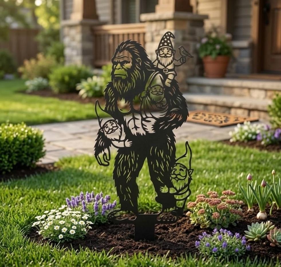Bigfoot Carrying Gnomes Garden Stake, Funny Sasquatch Yard Art, Bigfoot Garden Stake with Gnomes