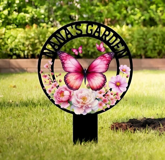 Personalized Butterfly Garden Stake, Custom Metal Garden Stake Decor, Nana’s Garden Butterfly Sign