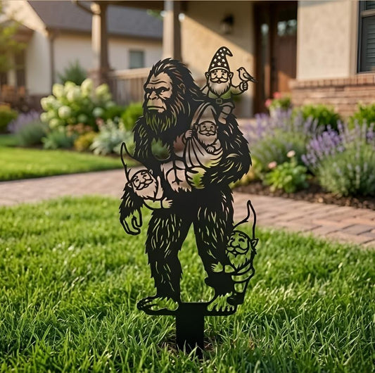 Bigfoot Carrying Gnomes Garden Stake, Funny Sasquatch Yard Art, Bigfoot Garden Stake with Gnomes