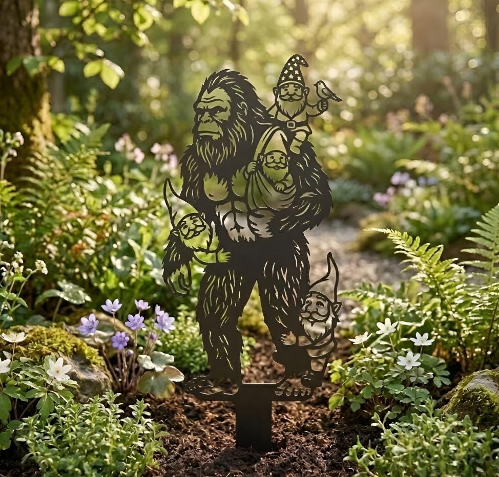 Bigfoot Carrying Gnomes Garden Stake, Funny Sasquatch Yard Art, Bigfoot Garden Stake with Gnomes