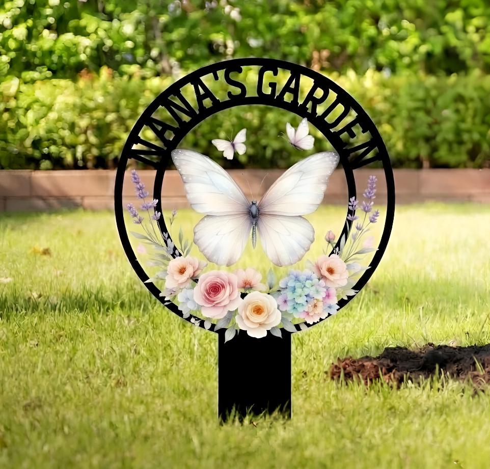 Personalized Butterfly Garden Stake, Custom Metal Garden Stake Decor, Nana’s Garden Butterfly Sign